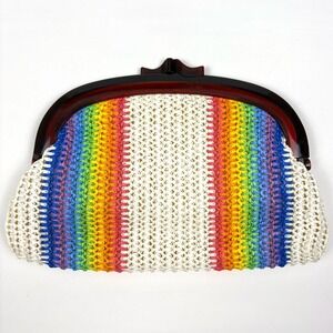 VTG 70s MCI Rainbow Stripe Clutch White Brown Kiss Clasp Raffia Retro Boho Hippi